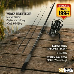 ZESTAW TELE FEEDER WĘDKA 3,60m  WĘGLOWA KOŁOWROTEK WOLNY BIEG 9ŁOŻ